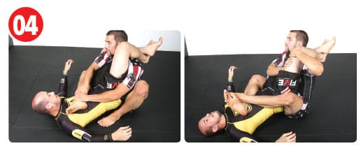 Quickly, he fights to also bring his left leg over, which he then crosses over his opponent’s torso. As soon as he has both legs crossed, he postures back using his entire body to break the triangle using his hands as well.